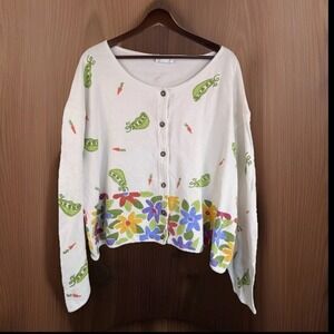 Vintage Handpainted Cardigan Sweater L Floral Peas Carrots Flowers Artsy‎ Kitch